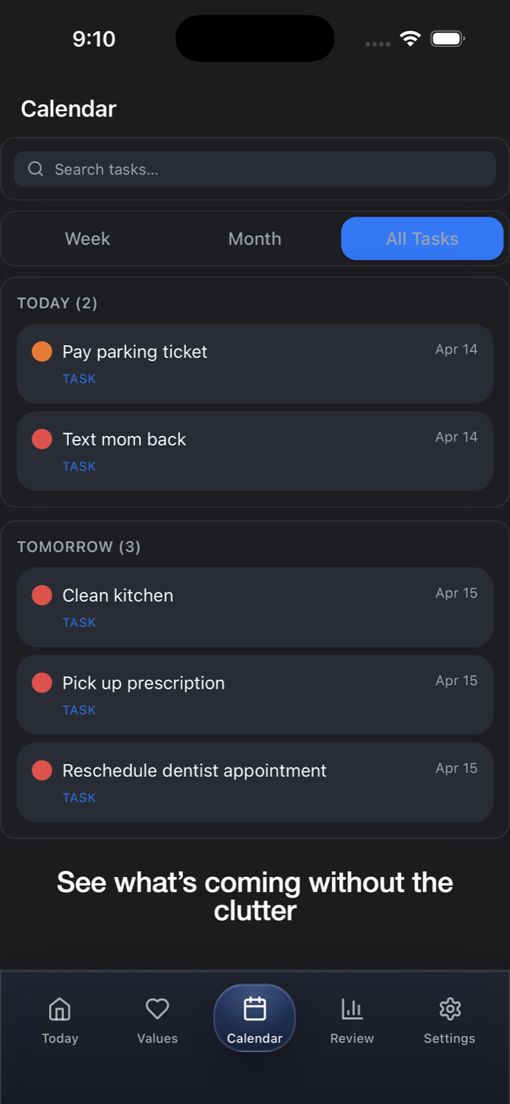 Calendar screen showing upcoming tasks without clutter