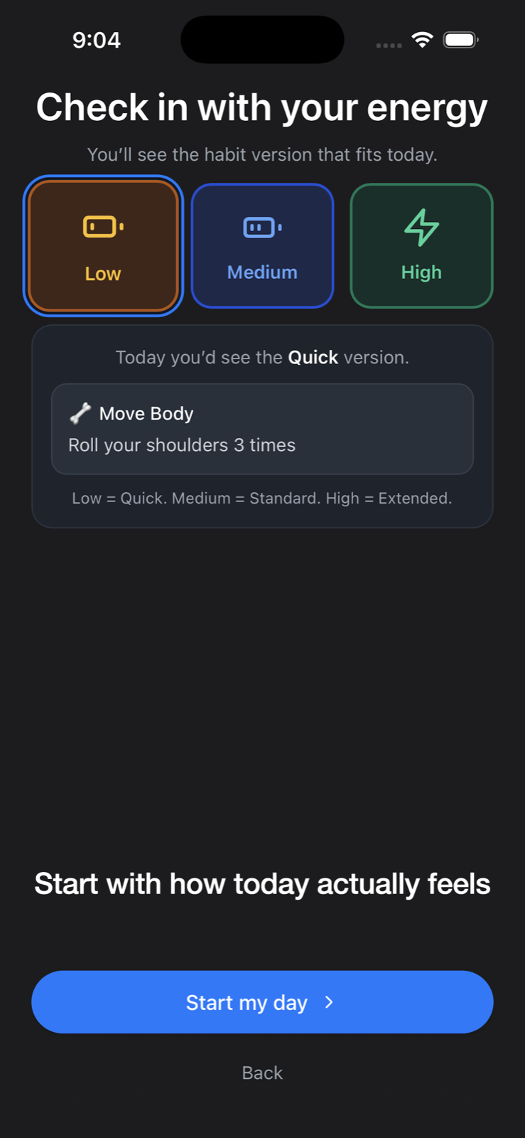 Energy check-in screen in Enough Today