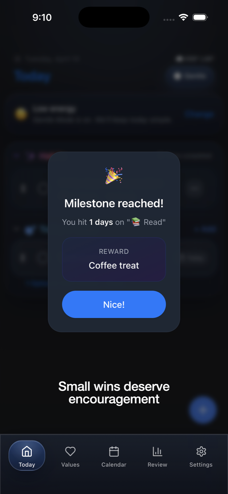 Milestone reward screen celebrating a small win