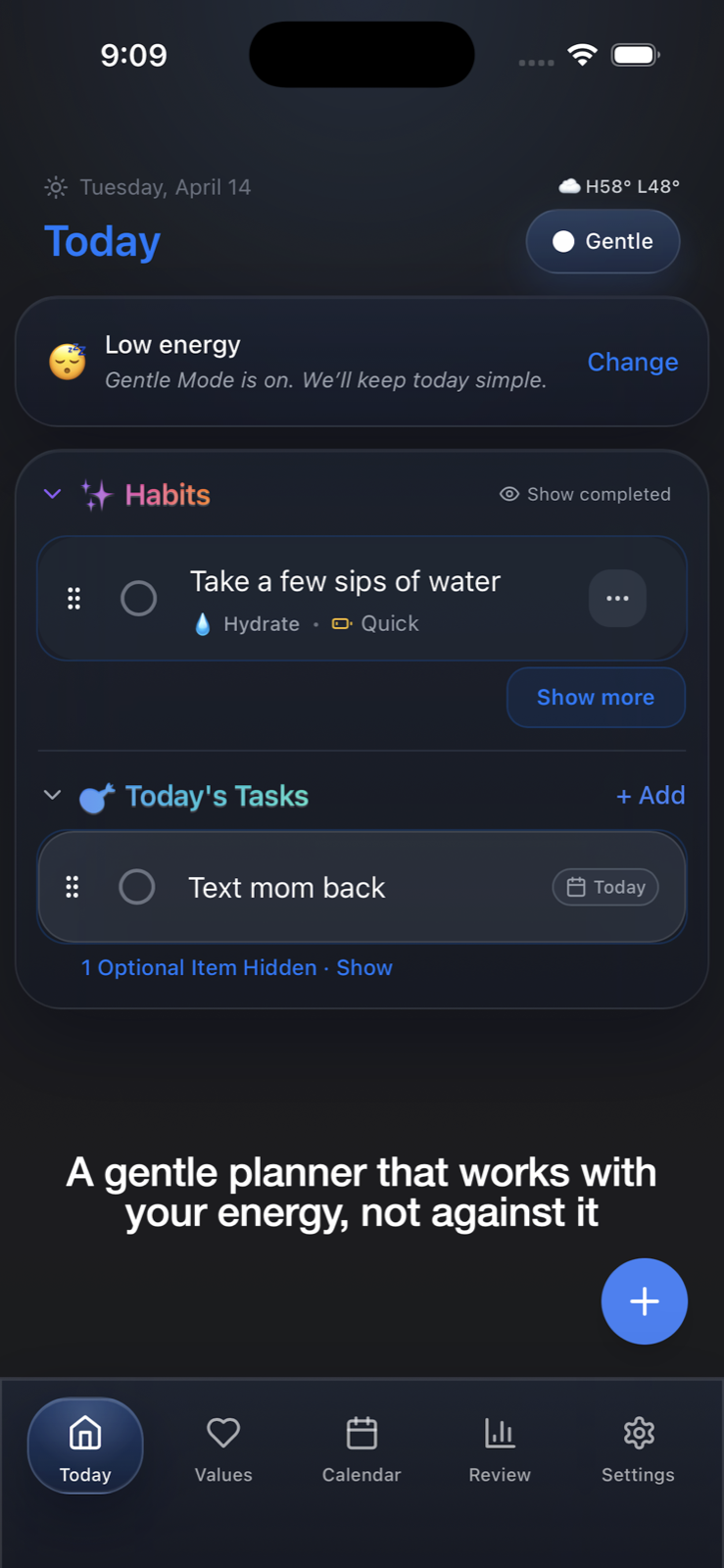 Enough Today Today screen showing Gentle Mode, habits, and tasks