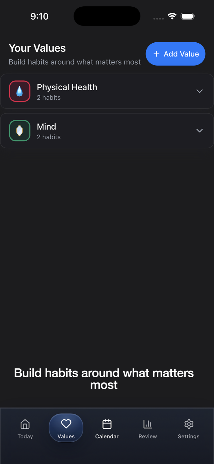 Values screen showing habit categories in Enough Today